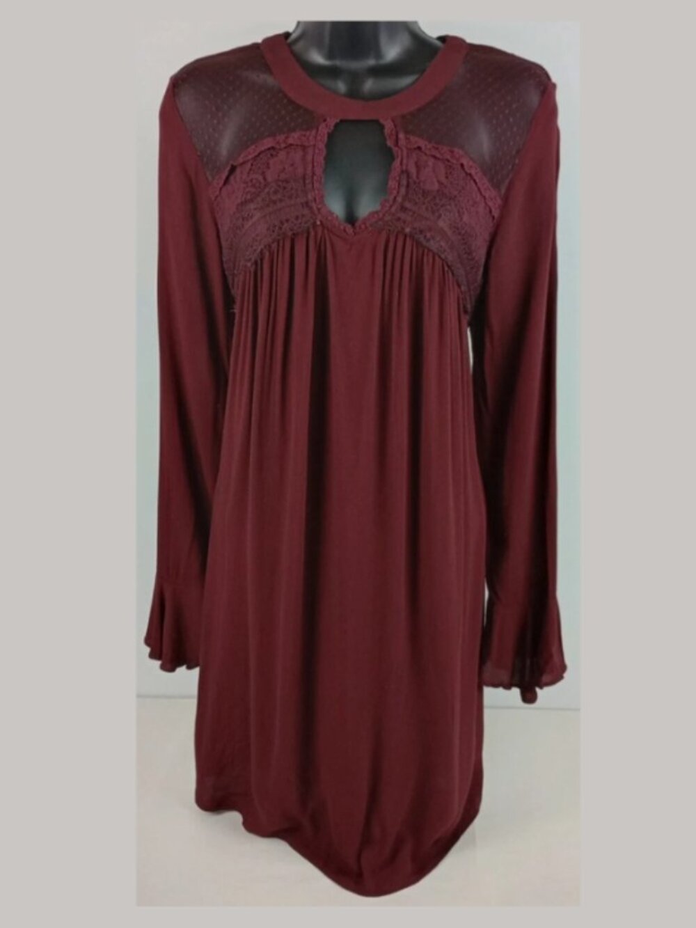 Hint of Mint Womens L Burgundy Boho Sheer Lace Top Flare Wrist Long Sleeve Dress
